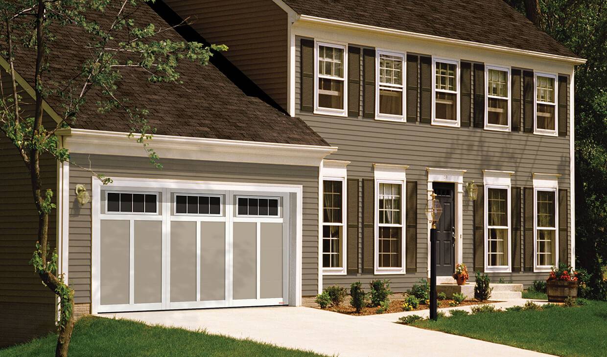 Eastman E-12, 14' x 7', Claystone door and Ice White overlays, 4 vertical lite Orion windows